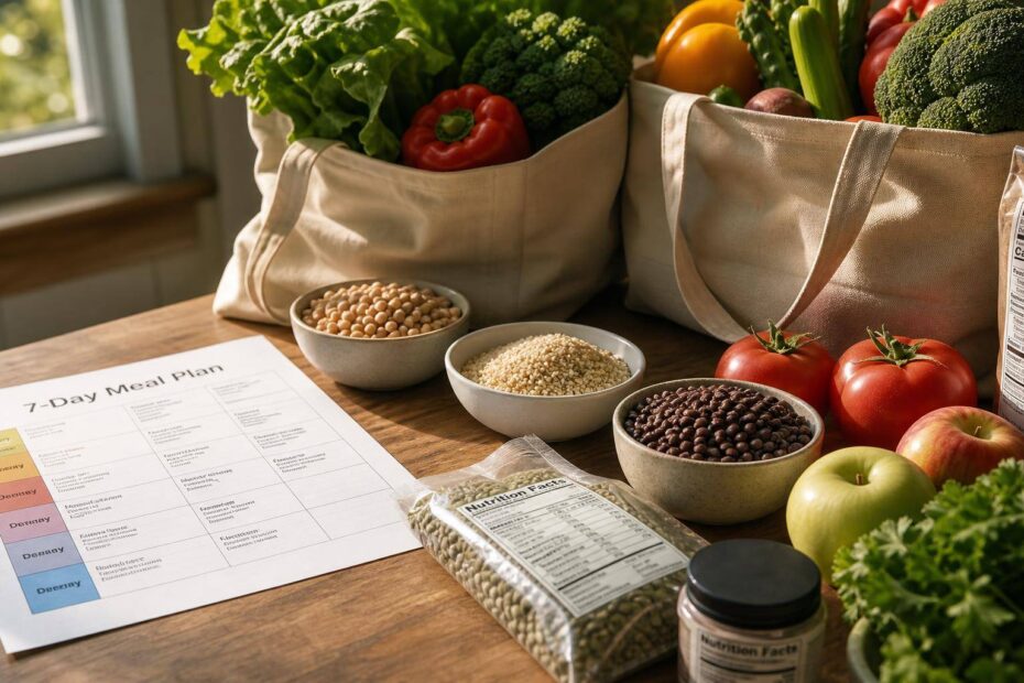 Bolsas de compras com alimentos saudáveis e plano de refeições de 7 dias em mesa de cozinha