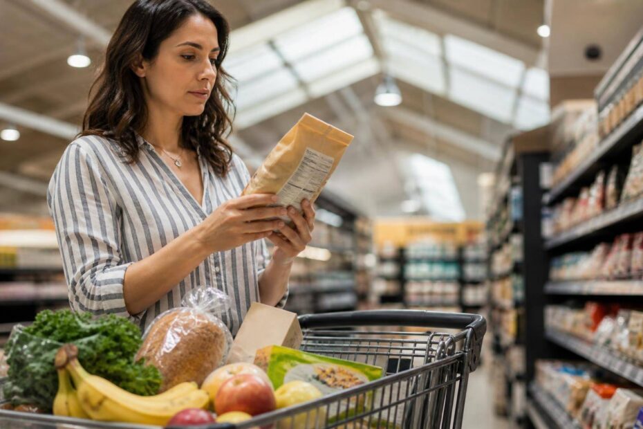 Pessoa em um supermercado empurra um carrinho com frutas, legumes, pão integral e embalagens genéricas enquanto lê o rótulo nutricional de um produto. Iluminação natural e fundo desfocado.